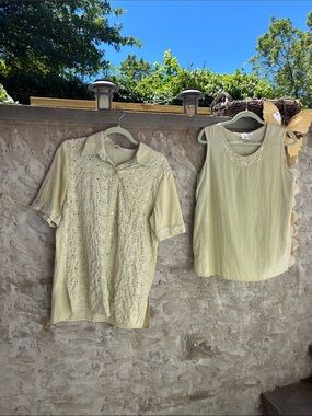 Sage Green Women's Short Sleeve Eyelet Tunic Top & Tank M Lagenlook Cotton